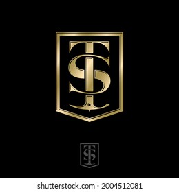 Gold T- und S-Buchstaben in Schild. T, S Monogramm mit Alpenstock. Alpinismus Symbol. 