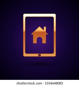 Gold Tablet and smart home icon isolated on dark blue background. Remote control.  Vector Illustration