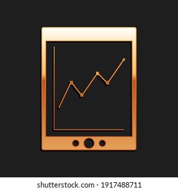 Comprimido dorado con icono de gráfico estadístico aislado en fondo negro. Gráfico financiero y signo gráfico. Estilo de sombra larga. Vector.
