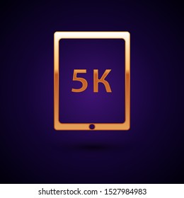 Gold Tablet with text 5k icon isolated on dark blue background.  Vector Illustration