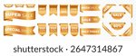 Gold tag icons set. 3D Gold accented labels, banners, and ribbons for sales, discounts, and promotions.