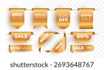 Gold tag icons set. 3D Gold accented labels, banners, and ribbons for sales, discounts, and promotions.