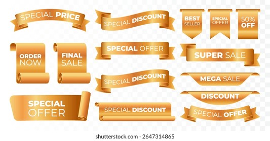 Gold tag icons set. 3D Gold accented labels, banners, and ribbons for sales, discounts, and promotions.