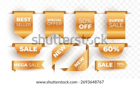 Gold tag icons set. 3D Gold accented labels, banners, and ribbons for sales, discounts, and promotions.