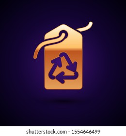 Gold Tag with recycle symbol icon isolated on dark blue background. Banner, label, tag, logo, sticker for eco green.  Vector Illustration