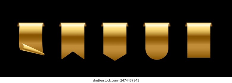 Gold tag set vector icons. Golden sales promotion banners, labels, ribbons collection for online shopping. 3d realistic web element for promotion, discount, best seller product on black background.