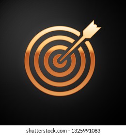 Gold Target with arrow icon isolated on black background. Dart board sign. Archery board icon. Dartboard sign. Business goal concept. Vector Illustration