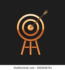Gold Target with arrow icon isolated on black background. Dart board sign. Archery board icon. Dartboard sign. Business goal concept. Long shadow style. Vector.