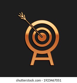 Gold Target with arrow icon isolated on black background. Dart board sign. Archery board icon. Dartboard sign. Business goal concept. Long shadow style. Vector