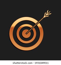 Gold Target with arrow icon isolated on black background. Dart board sign. Archery board icon. Dartboard sign. Business goal concept. Long shadow style. Vector