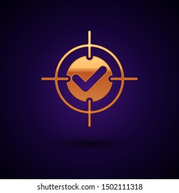 Gold Target and check mark icon isolated on dark blue background. Dart board sign. Archery board icon. Dartboard sign. Business goal concept.  Vector Illustration