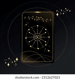 Gold Tarot card with a magical eye on a black background with stars. Tarot symbolism. Mystery, astrology, esoteric