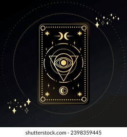 Gold Tarot card with a magical eye and crescent decorated with geometric shapes. Tarot symbolism. Mystery, astrology, esoteric. Vector illustration