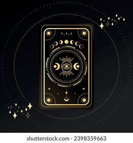 Gold Tarot card with a magical eye, moon and crescent decorated with geometric shapes. Tarot symbolism. Mystery, astrology, esoteric. Vector illustration