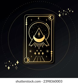 Gold Tarot card with a shining crescent in triangle decorated with geometric shapes. Tarot symbolism. Mystery, astrology, esoteric. Vector illustration