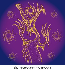 Gold tattoo dragon eating the sun on purple background; RGB EPS 10 vector illustration