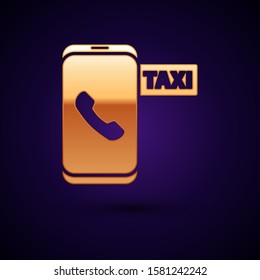 Gold Taxi call telephone service icon isolated on dark blue background. Taxi for smartphone.  Vector Illustration