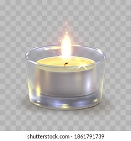 Gold tea light, candle in glass cup isolated on transparent background. Holiday illustration for postcard, banner, cards, decor, design, arts, advertising.