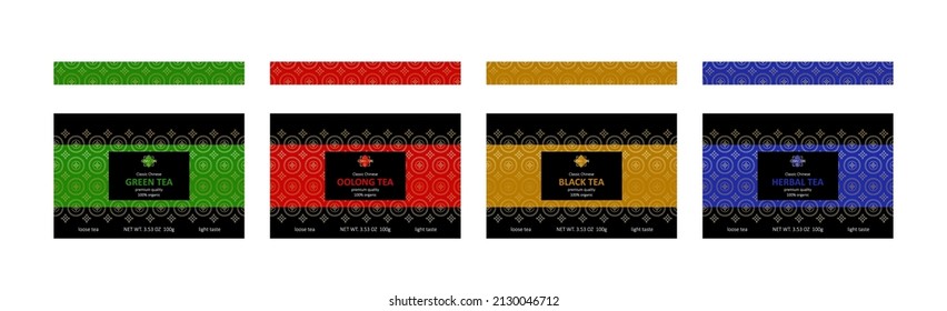 Gold Tea Package Chinese Set For Decoration Design. Green, Oolong And Black Drink Label On White Background