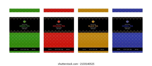 Gold tea package chinese set for decoration design. Green, oolong and black drink label on white background