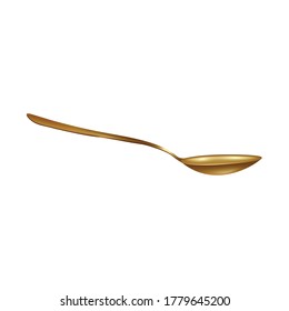 Gold Tea Spoon From Side View - Realistic Mockup Isolated On White Background. Golden Teaspoon With Shiny Metal Surface - Modern Cutlery Element Vector Illustration