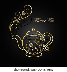 Gold teapot and cup with floral design elements. Vector illustration on black background.