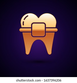 Gold Teeth with braces icon isolated on dark blue background. Alignment of bite of teeth, dental row with with braces. Dental concept.  Vector Illustration