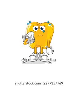 the gold teeth cry with a tissue. cartoon mascot vector