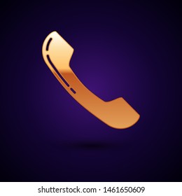 Gold Telephone handset icon isolated on dark blue background. Phone sign.  Vector Illustration