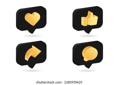 Plantilla Gold Icono 3D Icono moderno Los medios sociales aman Compartir comentarios. Elegante notificación de medios sociales 3D, diseño de iconos de oro de comentarios. Ilustración del vector