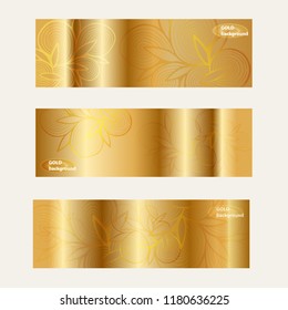 Gold  template banners set with gold floral pattern. Set gold vector banners for business presentation, wedding, website and other design.