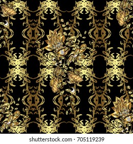 Gold template. Floral classic texture. Vector illustration. Design vintage for card, wallpaper, wrapping, textile. Royal retro on black background. Seamless pattern golden elements.