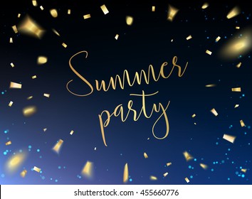 Gold template over blue background with golden confetti. Black space abstraction. Vector illustration.