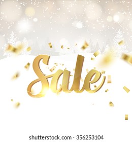 Gold template over gray background with golden sparks. Sale text over snow background. Market sign. Gold template over gray background with golden sparks. Vector illustration.