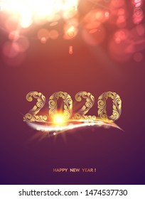Gold template over purple background with golden bokeh. Happy new year 2020. Christmas card. Text on the color bokeh background. Vector illustration.