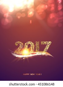 Gold template over purple background with golden bokeh. Happy new year 2017. Christmas card. Icon of the 2017 on the color bokeh background. Vector illustration.