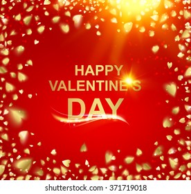 Gold template over red background with golden confetti. Happy valentines day. Red holiday abstraction. Fallen sparks and sun rays in the bright area. Vector illustration. 