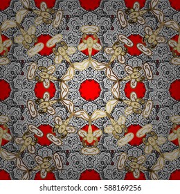 Gold template. Royal retro background. Design vintage for card, wallpaper, wrapping, textile. Vector illustration. Floral classic texture. Seamless pattern golden elements.