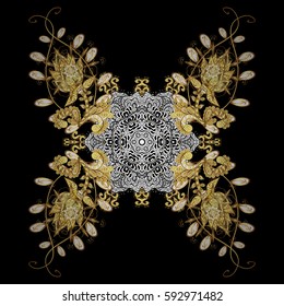Gold template. Royal retro background. Floral classic texture. Vector illustration. Design vintage for card, wallpaper, wrapping, textile. Golden elements.