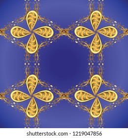 Gold template. Seamless pattern golden elements. Vector illustration. Royal retro on violet, blue and yellow colors. Floral classic texture. Design vintage for card, wallpaper, wrapping, textile.