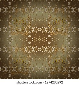 Gold template. Seamless pattern golden elements. Design vintage for card, wallpaper, wrapping, textile. Floral classic texture. Vector illustration. Royal retro on brown and beige colors.