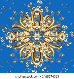 Gold template. Vector illustration. Design vintage for card, wallpaper, wrapping, textile. Floral classic texture. Seamless pattern golden elements. Royal retro on blue and brown colors.