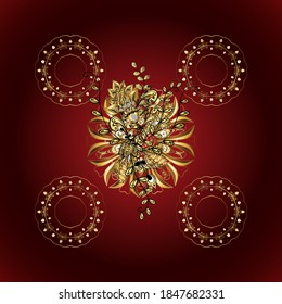 Gold template. Vector illustration. Design vintage for card, wallpaper, wrapping, textile. Floral classic texture. Royal retro on red, brown and yellow colors. Seamless pattern golden elements.