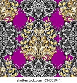Gold template. Vector illustration. Design vintage for card, wallpaper, wrapping, textile. Royal retro background. Seamless pattern golden elements. Floral classic texture.