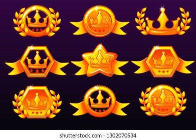 Gold templates crown icons for awards, creating icons for mobile games. Vector concept gambling assets, set Mobile App Icons different forms and Laurel wreath of victory. Isolated on a separate layers