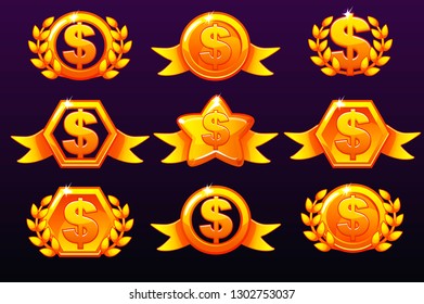 Gold templates dollar icons for awards, creating icons for mobile games. Vector concept gambling assets, set Mobile App Icons different forms and Laurel wreath of victory.