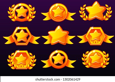 Gold templates star icons for awards, creating icons for mobile games. Vector concept gambling assets, set Mobile App Icons different forms and Laurel wreath of victory. Isolated on a separate layers