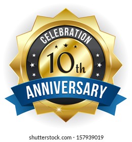 Gold Ten Year Anniversary Badge With Blue Ribbon