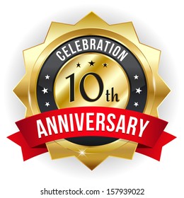 Gold Ten Year Anniversary Badge With Red Ribbon