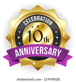 Gold Ten Year Anniversary Badge With Purple Ribbon